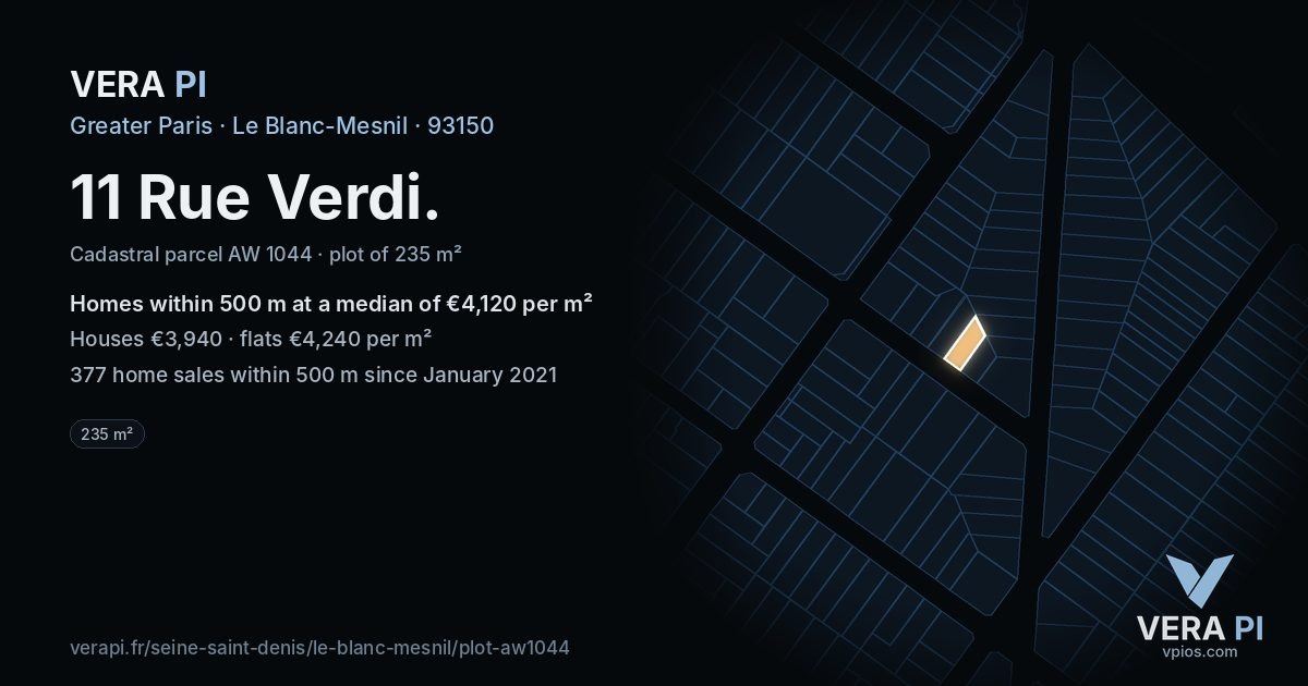 11 Rue Verdi, Le Blanc-Mesnil at night – the plot lit, the parcels around coloured by the prices near them