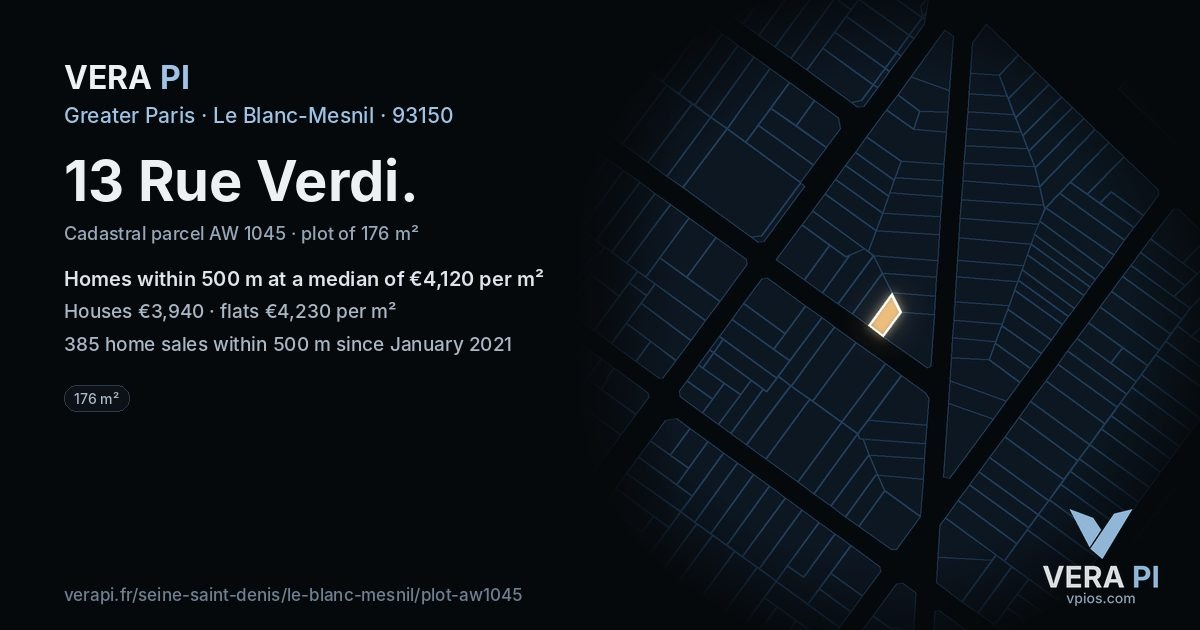 13 Rue Verdi, Le Blanc-Mesnil at night – the plot lit, the parcels around coloured by the prices near them