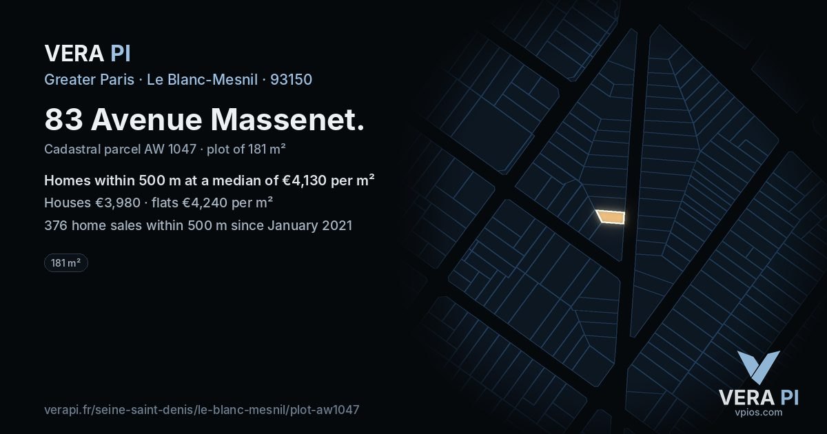 83 Avenue Massenet, Le Blanc-Mesnil at night – the plot lit, the parcels around coloured by the prices near them