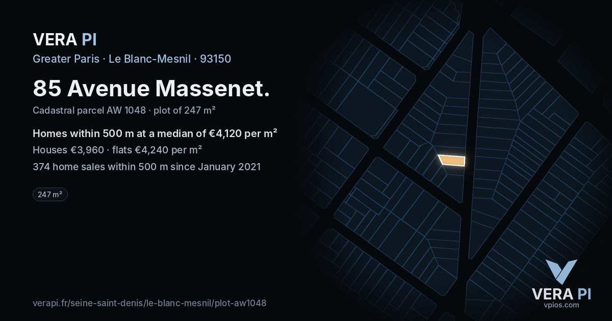 85 Avenue Massenet, Le Blanc-Mesnil at night – the plot lit, the parcels around coloured by the prices near them