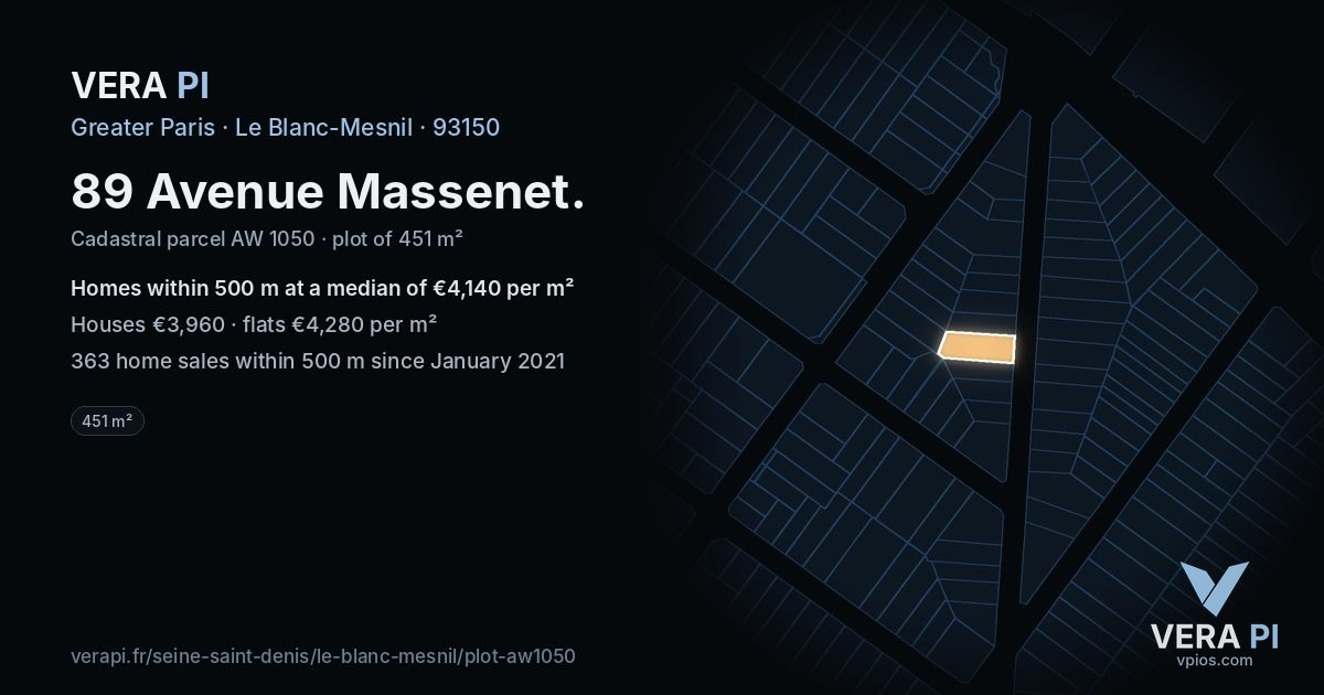 89 Avenue Massenet, Le Blanc-Mesnil at night – the plot lit, the parcels around coloured by the prices near them