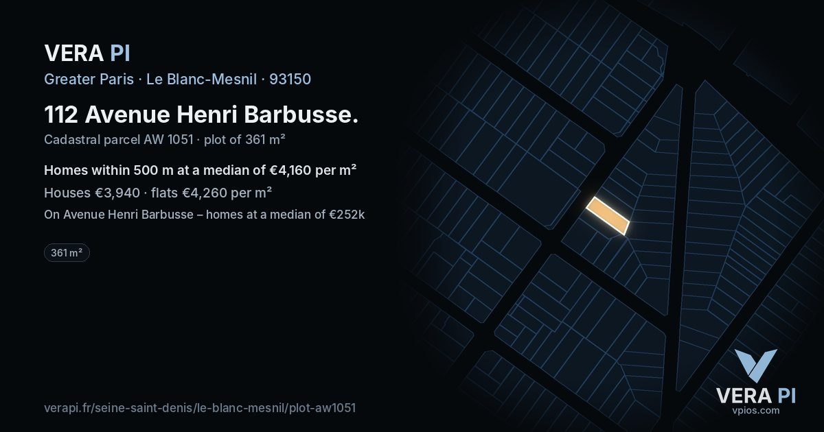112 Avenue Henri Barbusse, Le Blanc-Mesnil at night – the plot lit, the parcels around coloured by the prices near them