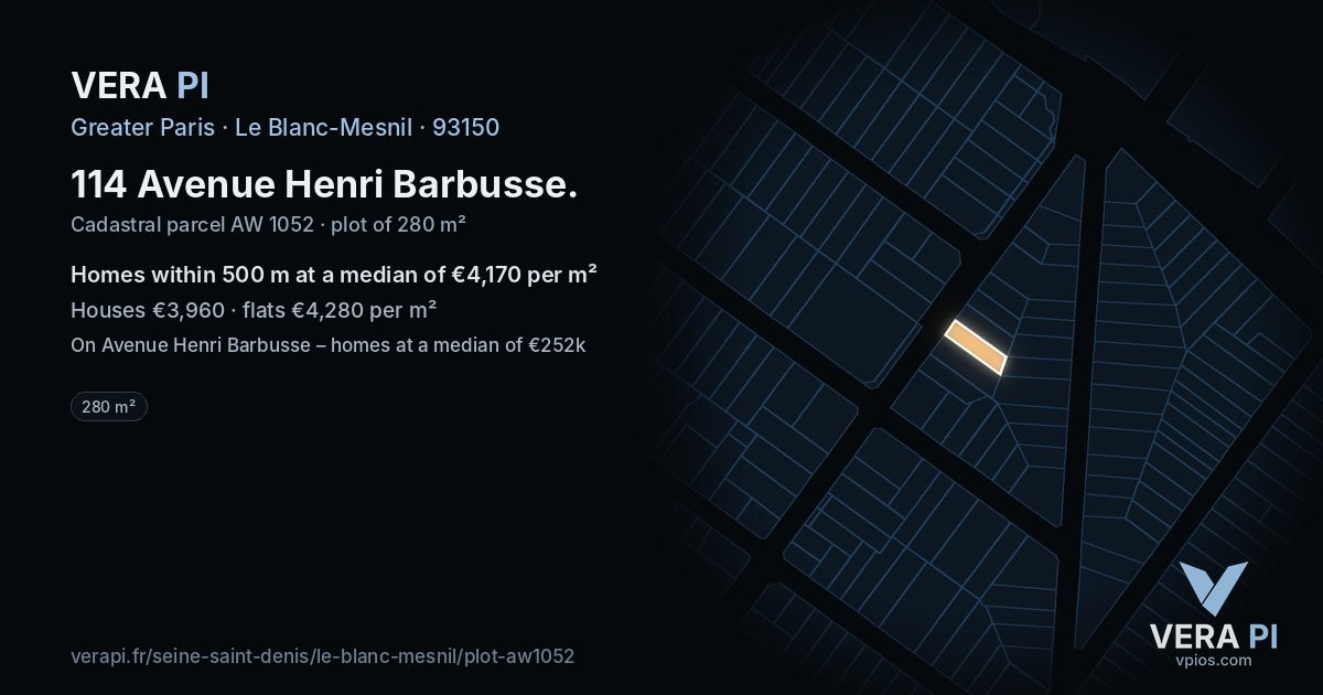 114 Avenue Henri Barbusse, Le Blanc-Mesnil at night – the plot lit, the parcels around coloured by the prices near them