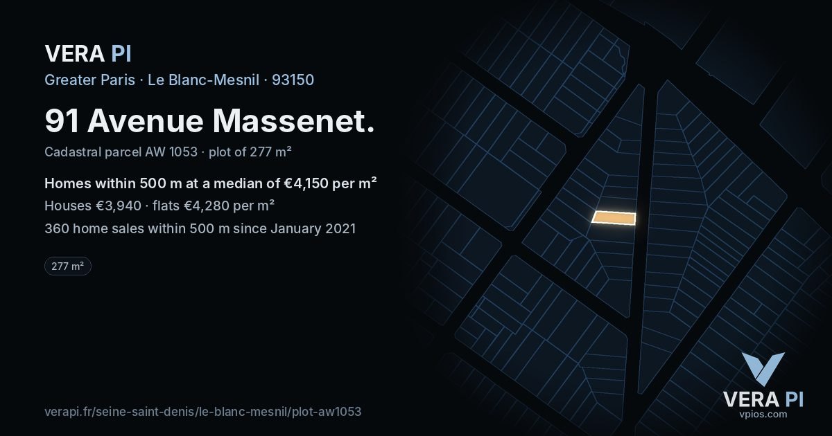 91 Avenue Massenet, Le Blanc-Mesnil at night – the plot lit, the parcels around coloured by the prices near them