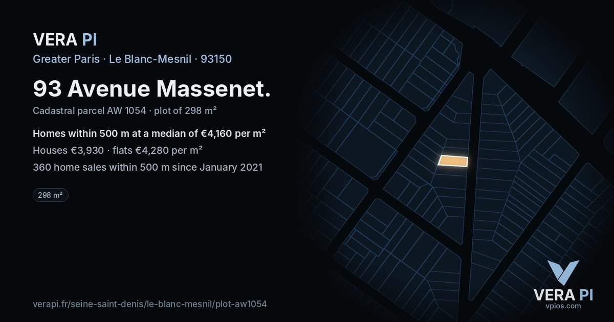 93 Avenue Massenet, Le Blanc-Mesnil at night – the plot lit, the parcels around coloured by the prices near them