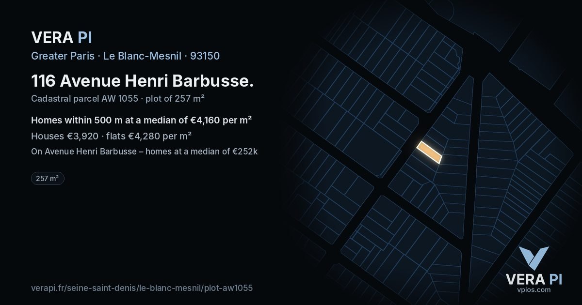 116 Avenue Henri Barbusse, Le Blanc-Mesnil at night – the plot lit, the parcels around coloured by the prices near them