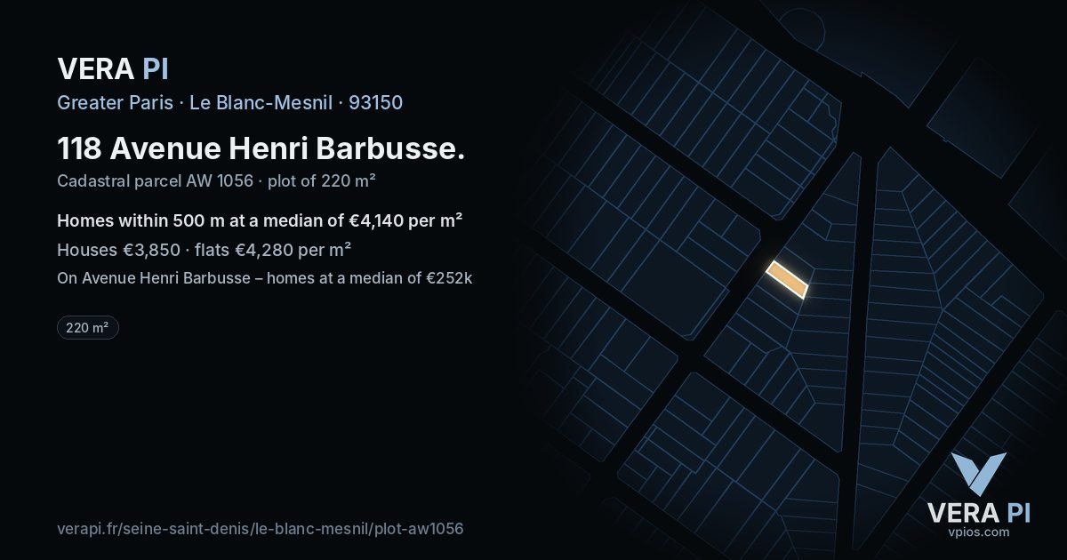 118 Avenue Henri Barbusse, Le Blanc-Mesnil at night – the plot lit, the parcels around coloured by the prices near them