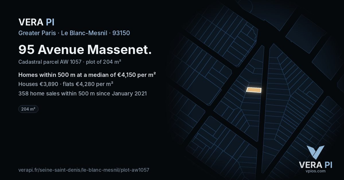 95 Avenue Massenet, Le Blanc-Mesnil at night – the plot lit, the parcels around coloured by the prices near them
