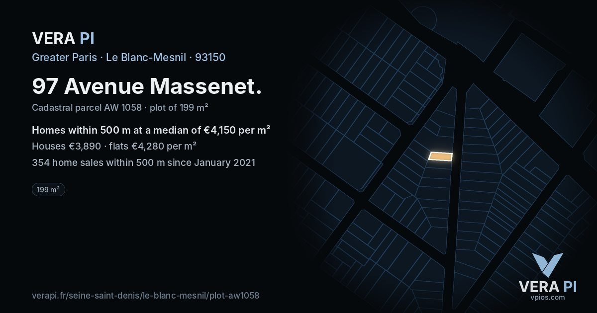 97 Avenue Massenet, Le Blanc-Mesnil at night – the plot lit, the parcels around coloured by the prices near them