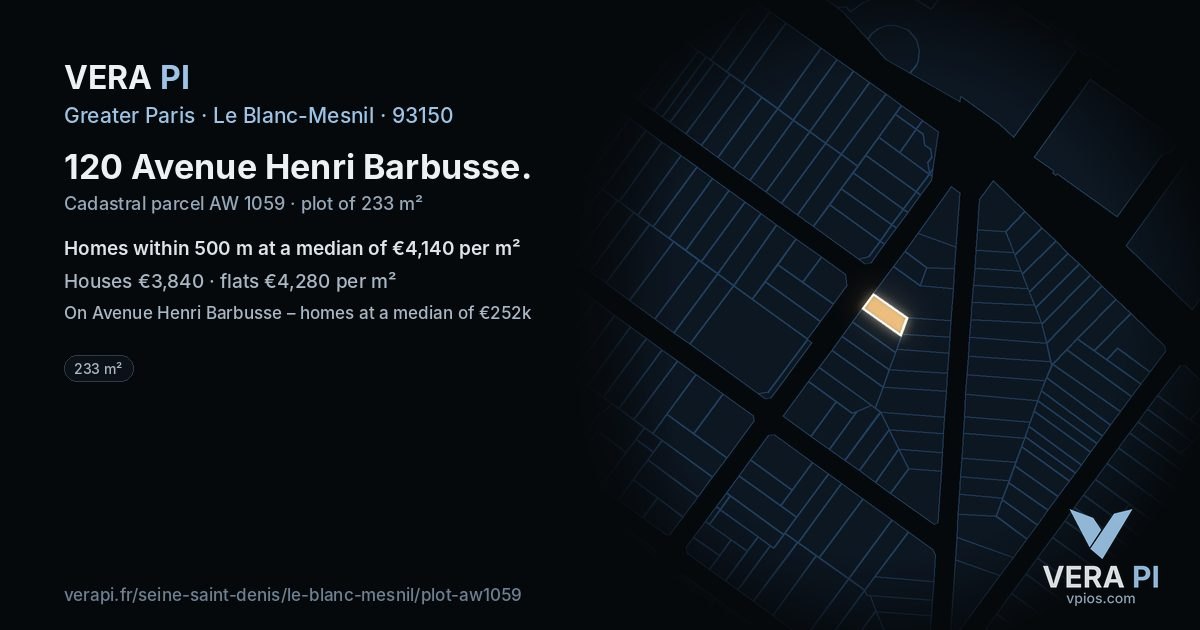 120 Avenue Henri Barbusse, Le Blanc-Mesnil at night – the plot lit, the parcels around coloured by the prices near them