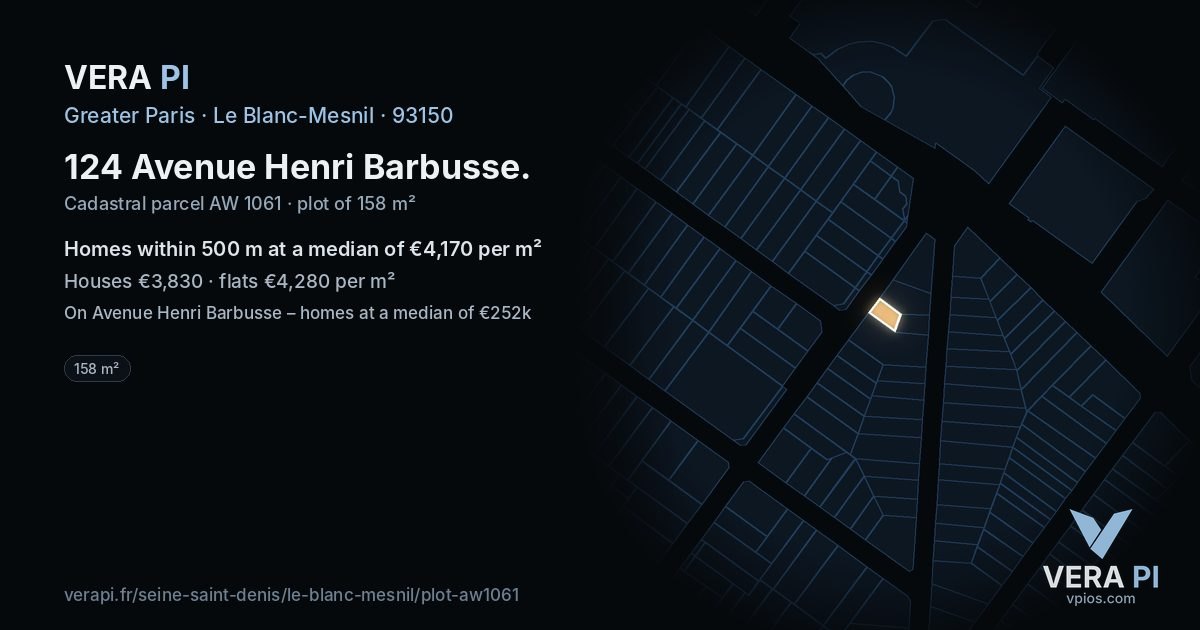 124 Avenue Henri Barbusse, Le Blanc-Mesnil at night – the plot lit, the parcels around coloured by the prices near them