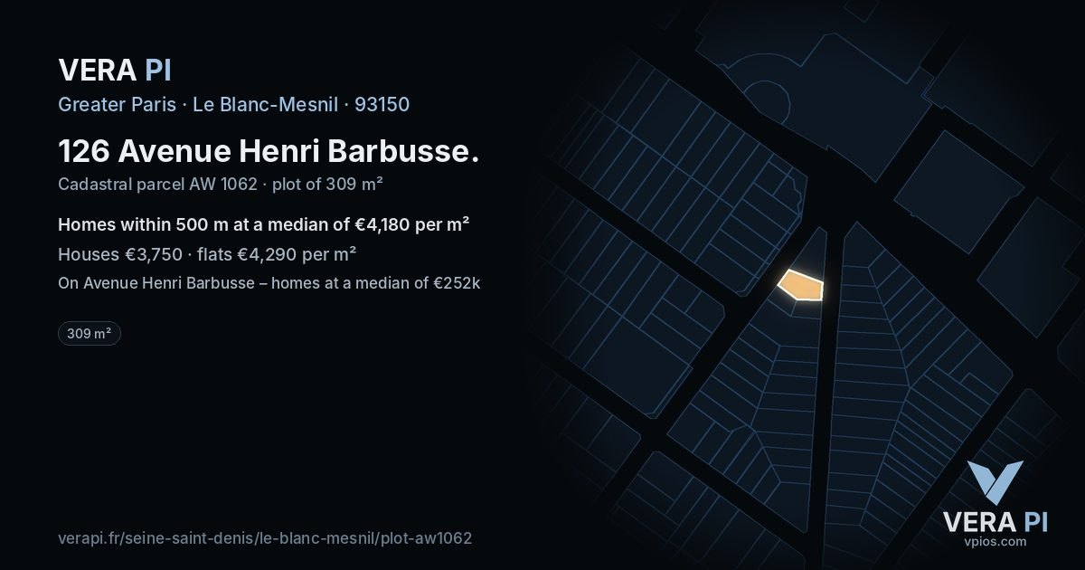 126 Avenue Henri Barbusse, Le Blanc-Mesnil at night – the plot lit, the parcels around coloured by the prices near them