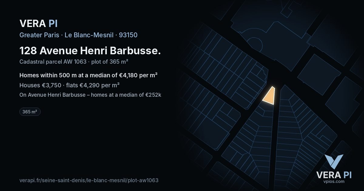128 Avenue Henri Barbusse, Le Blanc-Mesnil at night – the plot lit, the parcels around coloured by the prices near them
