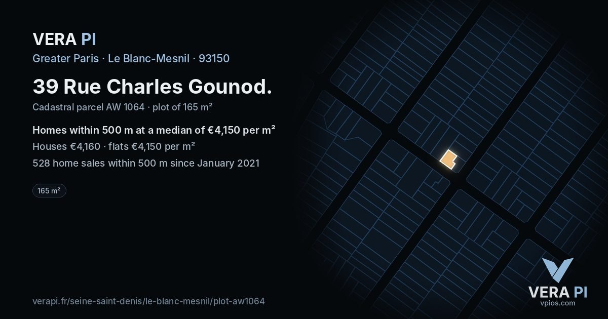 39 Rue Charles Gounod, Le Blanc-Mesnil at night – the plot lit, the parcels around coloured by the prices near them