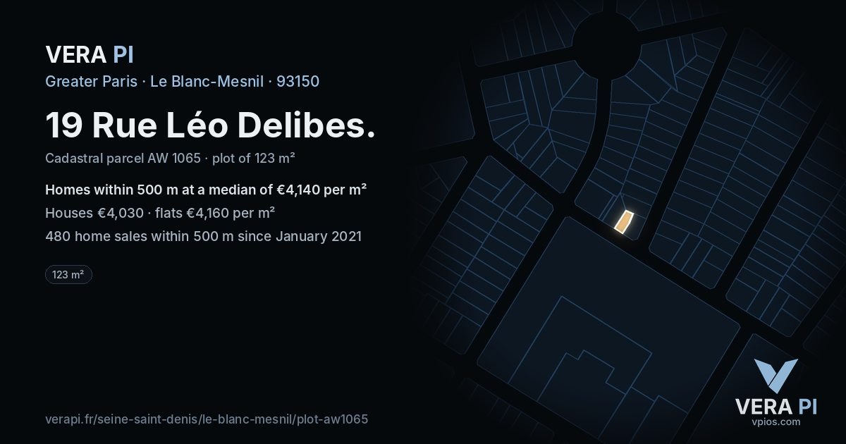 19 Rue Léo Delibes, Le Blanc-Mesnil at night – the plot lit, the parcels around coloured by the prices near them