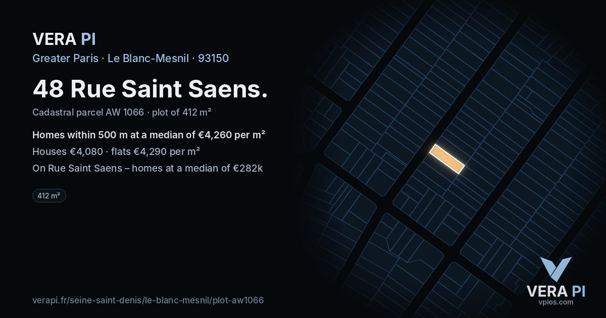 48 Rue Saint Saens, Le Blanc-Mesnil at night – the plot lit, the parcels around coloured by the prices near them