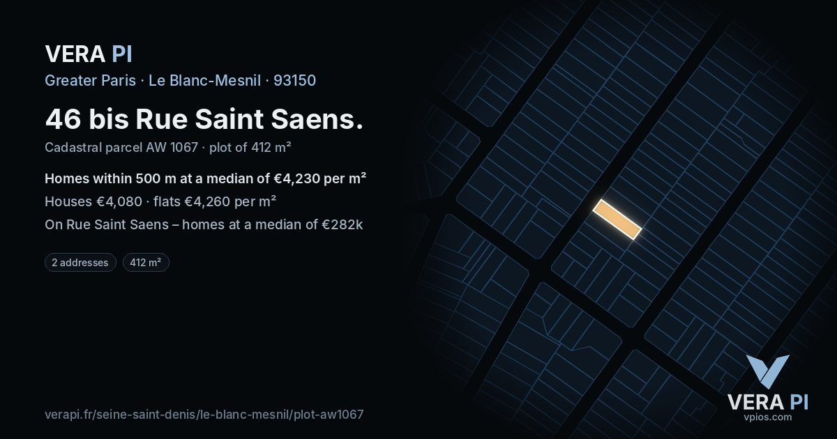 46 bis Rue Saint Saens, Le Blanc-Mesnil at night – the plot lit, the parcels around coloured by the prices near them