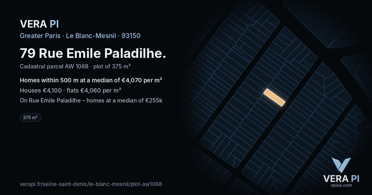 79 Rue Emile Paladilhe, Le Blanc-Mesnil at night – the plot lit, the parcels around coloured by the prices near them