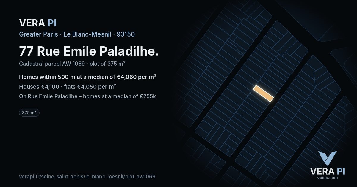 77 Rue Emile Paladilhe, Le Blanc-Mesnil at night – the plot lit, the parcels around coloured by the prices near them