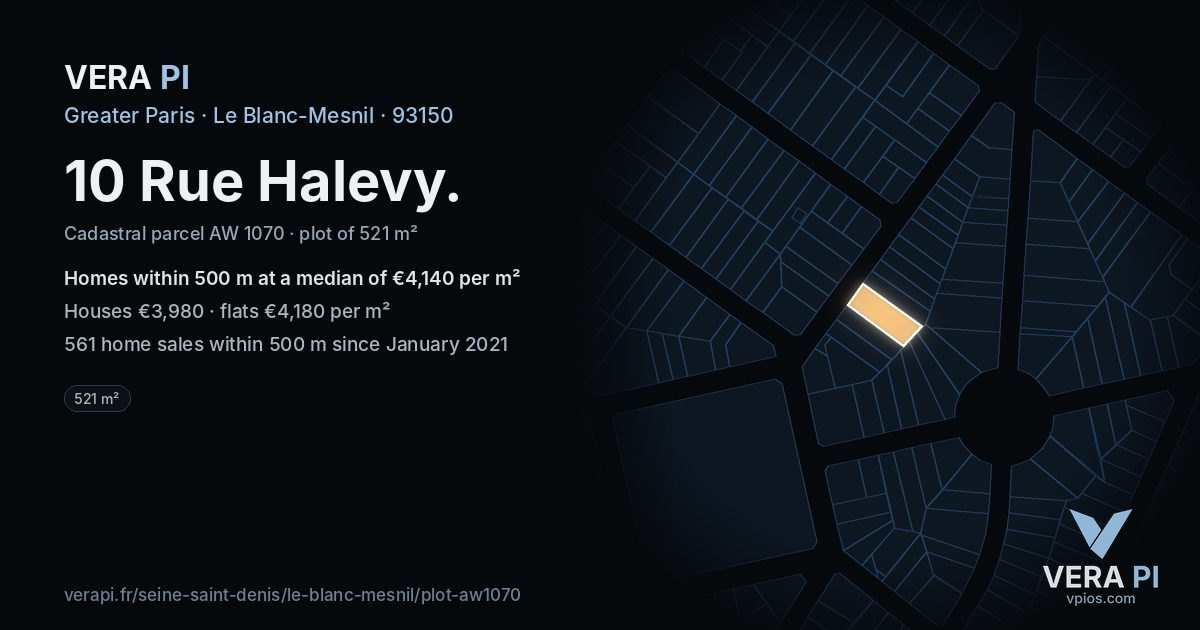 10 Rue Halevy, Le Blanc-Mesnil at night – the plot lit, the parcels around coloured by the prices near them