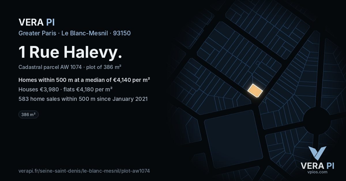 1 Rue Halevy, Le Blanc-Mesnil at night – the plot lit, the parcels around coloured by the prices near them