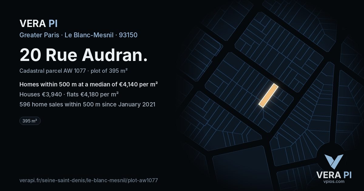 20 Rue Audran, Le Blanc-Mesnil at night – the plot lit, the parcels around coloured by the prices near them
