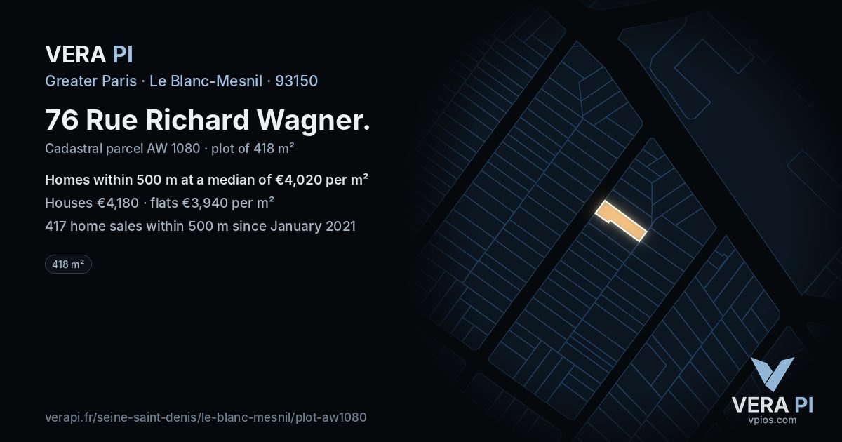 76 Rue Richard Wagner, Le Blanc-Mesnil at night – the plot lit, the parcels around coloured by the prices near them