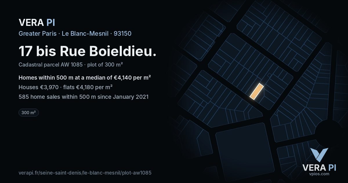 17 bis Rue Boieldieu, Le Blanc-Mesnil at night – the plot lit, the parcels around coloured by the prices near them