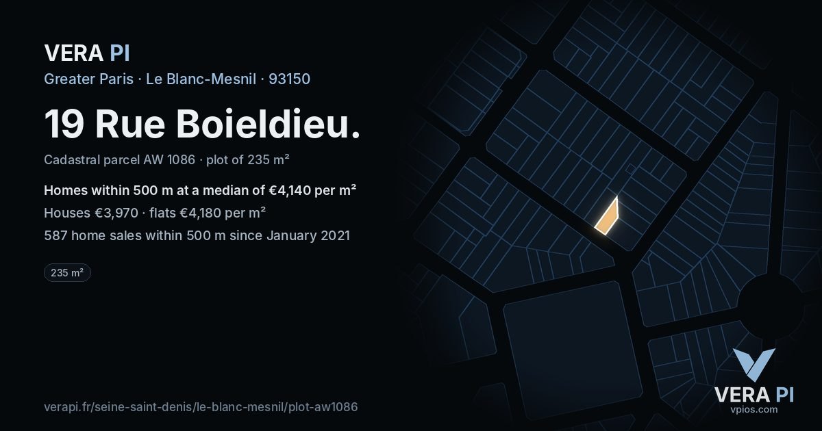 19 Rue Boieldieu, Le Blanc-Mesnil at night – the plot lit, the parcels around coloured by the prices near them