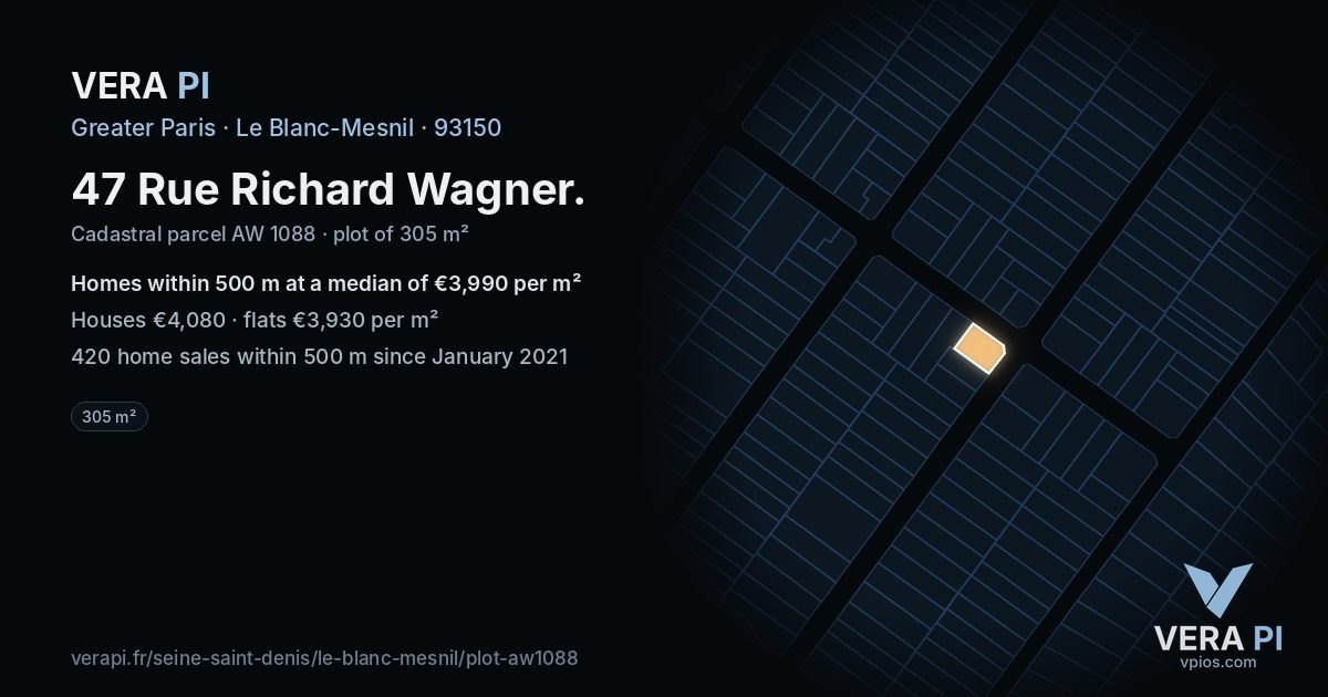 47 Rue Richard Wagner, Le Blanc-Mesnil at night – the plot lit, the parcels around coloured by the prices near them