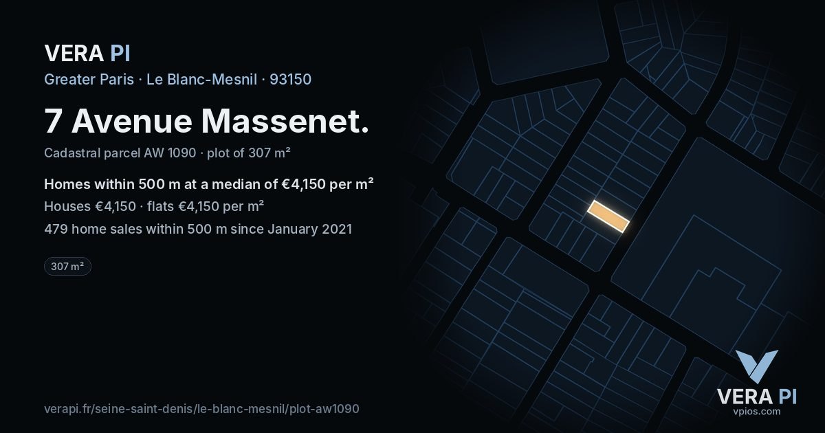 7 Avenue Massenet, Le Blanc-Mesnil at night – the plot lit, the parcels around coloured by the prices near them