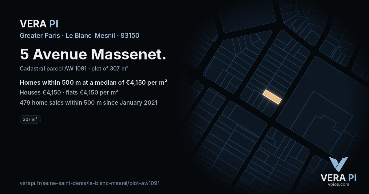 5 Avenue Massenet, Le Blanc-Mesnil at night – the plot lit, the parcels around coloured by the prices near them
