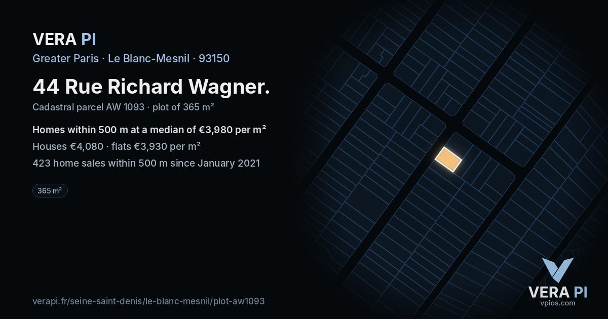 44 Rue Richard Wagner, Le Blanc-Mesnil at night – the plot lit, the parcels around coloured by the prices near them