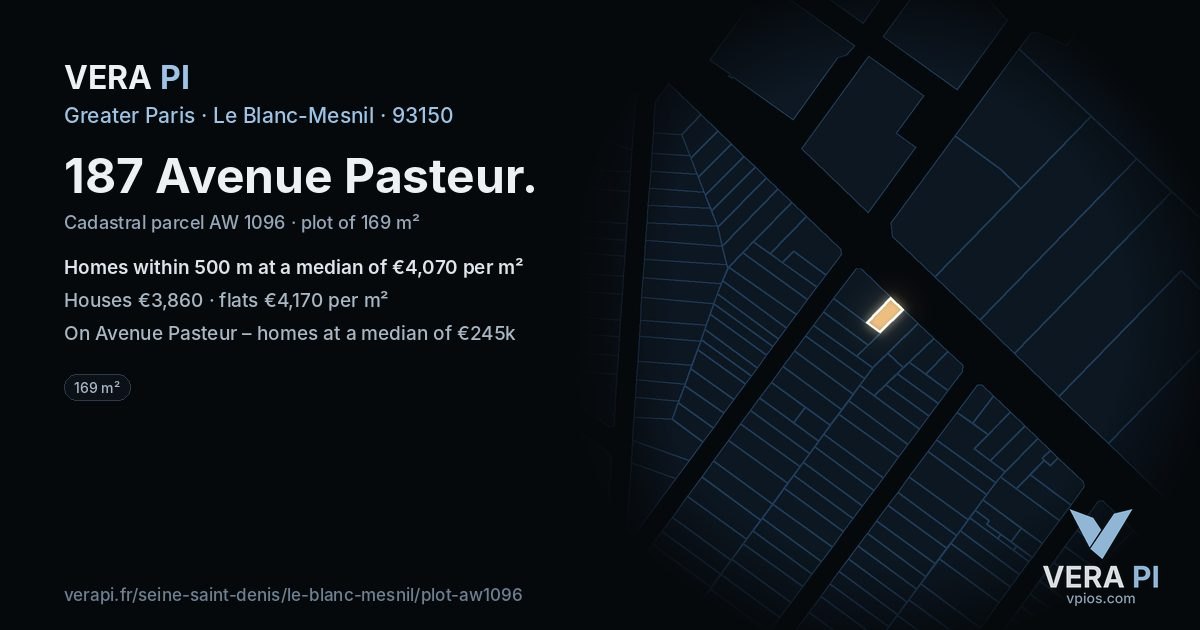 187 Avenue Pasteur, Le Blanc-Mesnil at night – the plot lit, the parcels around coloured by the prices near them