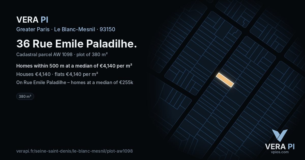 36 Rue Emile Paladilhe, Le Blanc-Mesnil at night – the plot lit, the parcels around coloured by the prices near them