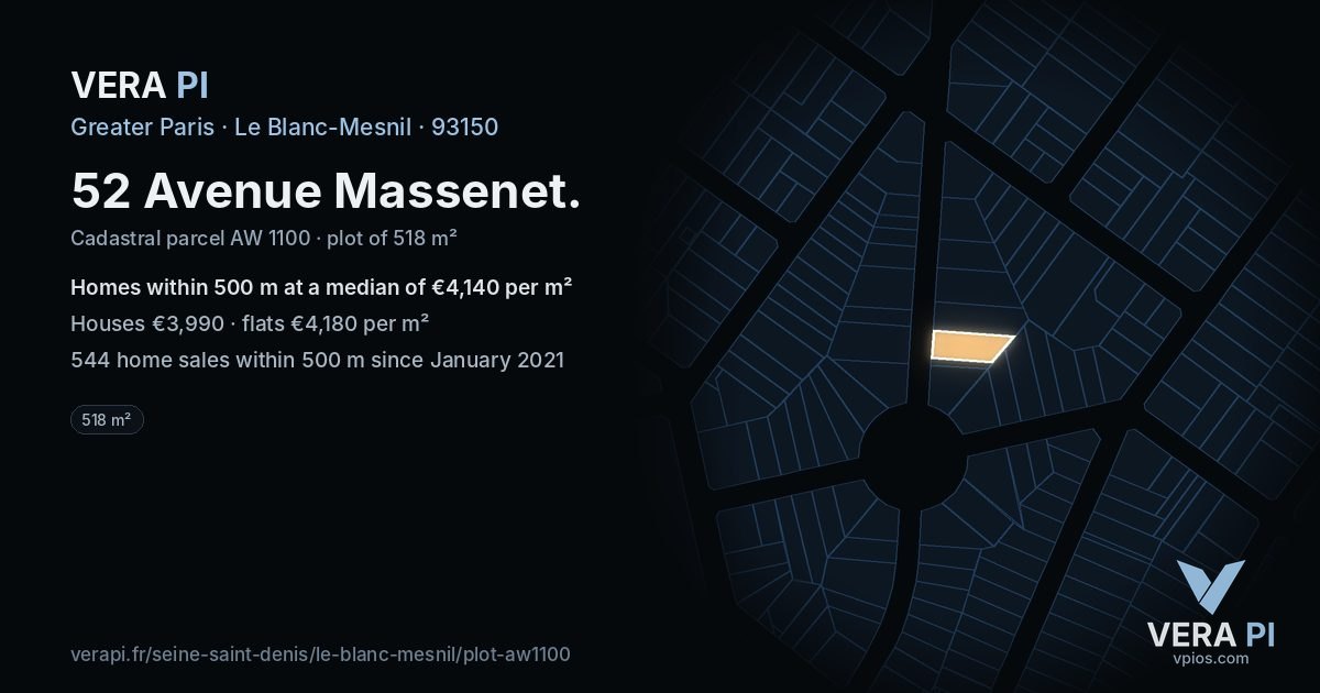 52 Avenue Massenet, Le Blanc-Mesnil at night – the plot lit, the parcels around coloured by the prices near them