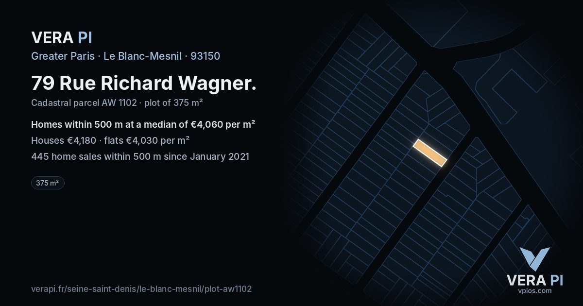 79 Rue Richard Wagner, Le Blanc-Mesnil at night – the plot lit, the parcels around coloured by the prices near them