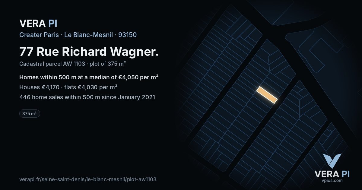 77 Rue Richard Wagner, Le Blanc-Mesnil at night – the plot lit, the parcels around coloured by the prices near them
