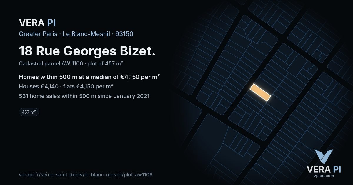 18 Rue Georges Bizet, Le Blanc-Mesnil at night – the plot lit, the parcels around coloured by the prices near them