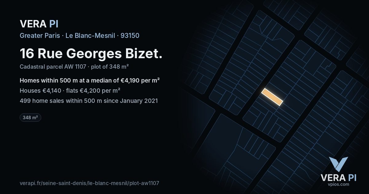 16 Rue Georges Bizet, Le Blanc-Mesnil at night – the plot lit, the parcels around coloured by the prices near them