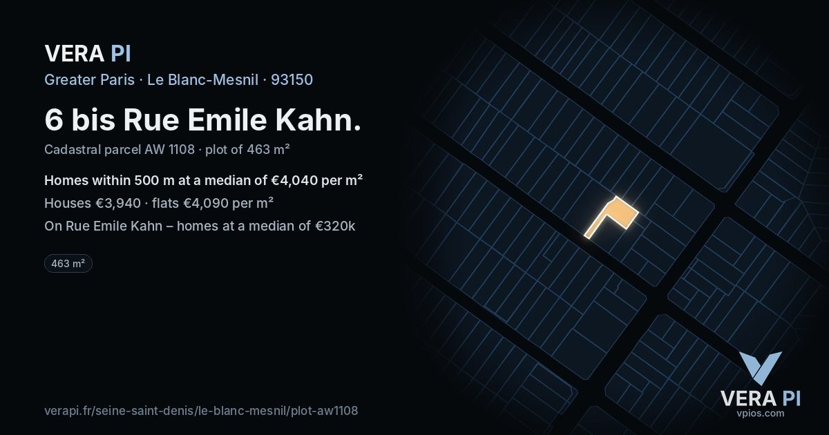 6 bis Rue Emile Kahn, Le Blanc-Mesnil at night – the plot lit, the parcels around coloured by the prices near them