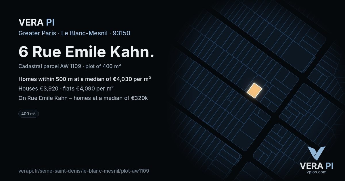 6 Rue Emile Kahn, Le Blanc-Mesnil at night – the plot lit, the parcels around coloured by the prices near them