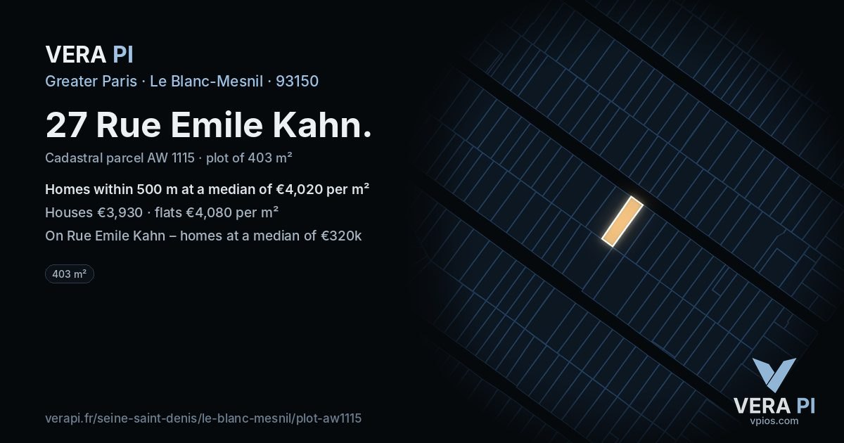 27 Rue Emile Kahn, Le Blanc-Mesnil at night – the plot lit, the parcels around coloured by the prices near them