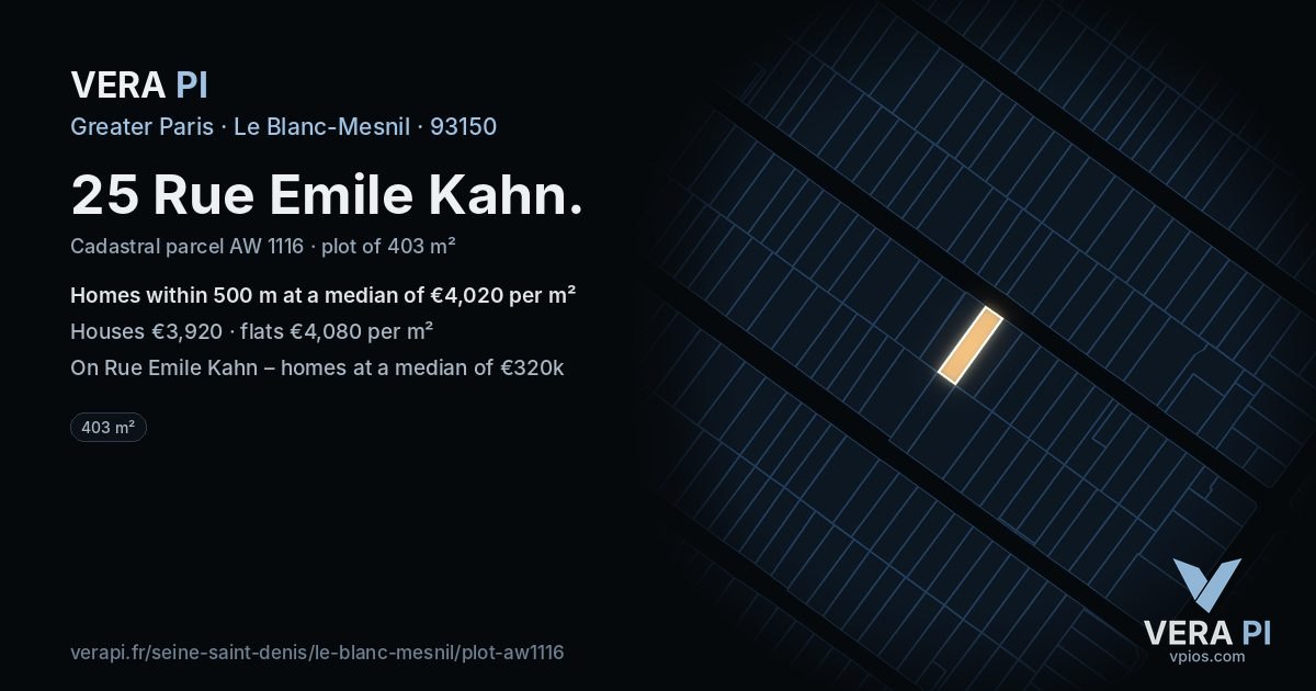 25 Rue Emile Kahn, Le Blanc-Mesnil at night – the plot lit, the parcels around coloured by the prices near them