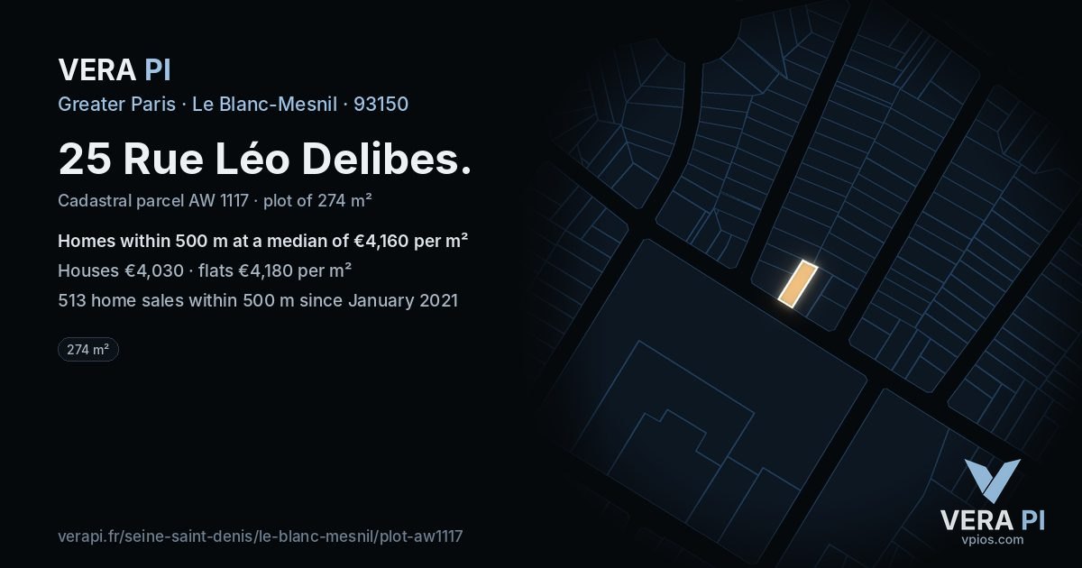 25 Rue Léo Delibes, Le Blanc-Mesnil at night – the plot lit, the parcels around coloured by the prices near them