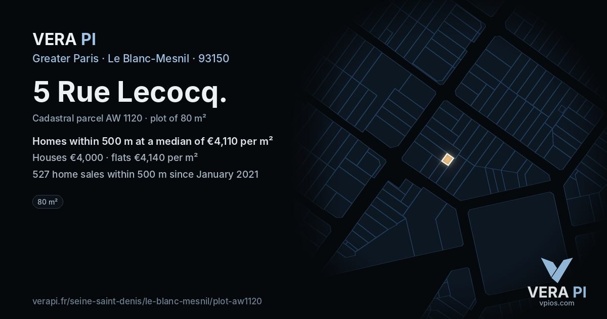 5 Rue Lecocq, Le Blanc-Mesnil at night – the plot lit, the parcels around coloured by the prices near them