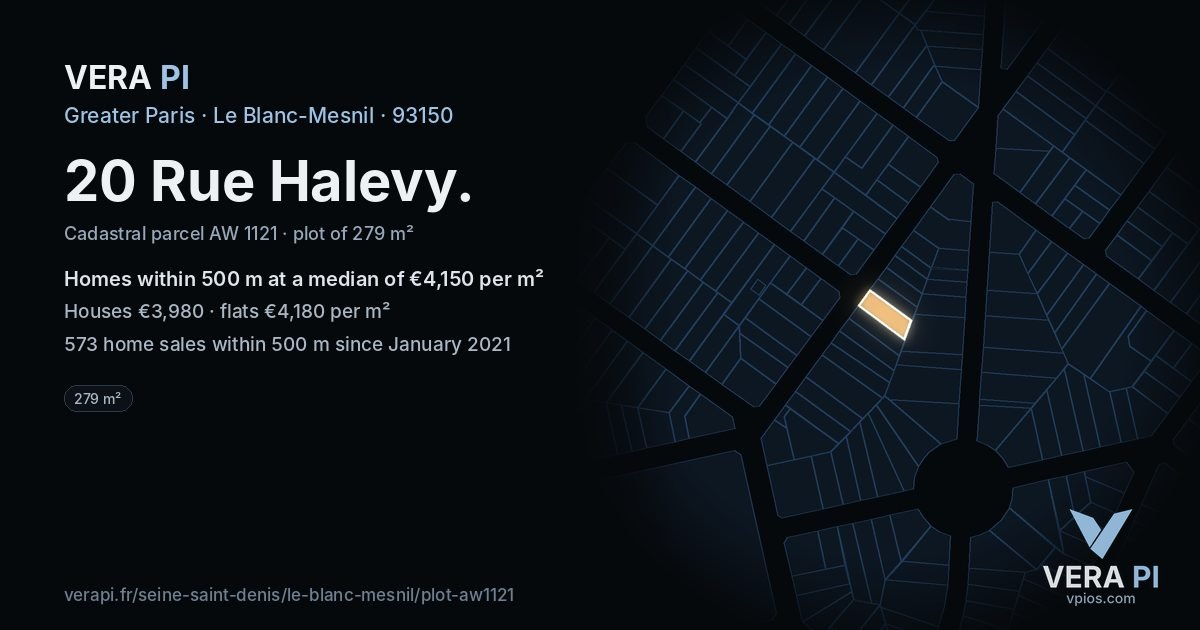 20 Rue Halevy, Le Blanc-Mesnil at night – the plot lit, the parcels around coloured by the prices near them