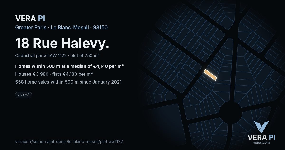 18 Rue Halevy, Le Blanc-Mesnil at night – the plot lit, the parcels around coloured by the prices near them