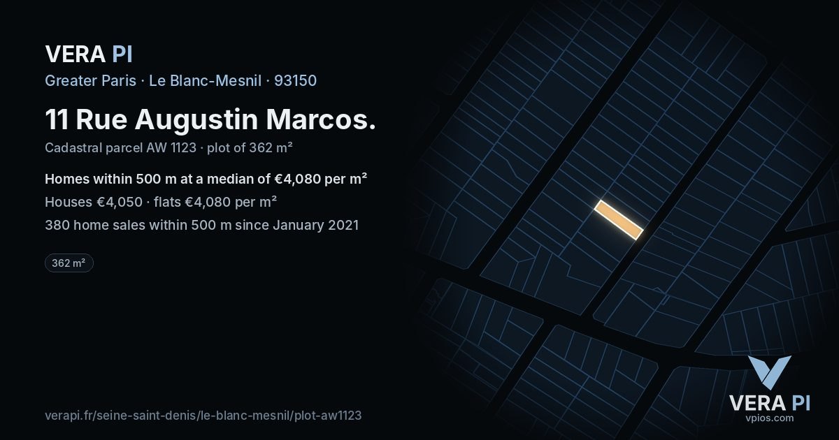 11 Rue Augustin Marcos, Le Blanc-Mesnil at night – the plot lit, the parcels around coloured by the prices near them