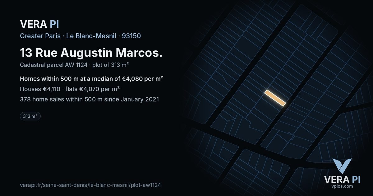 13 Rue Augustin Marcos, Le Blanc-Mesnil at night – the plot lit, the parcels around coloured by the prices near them